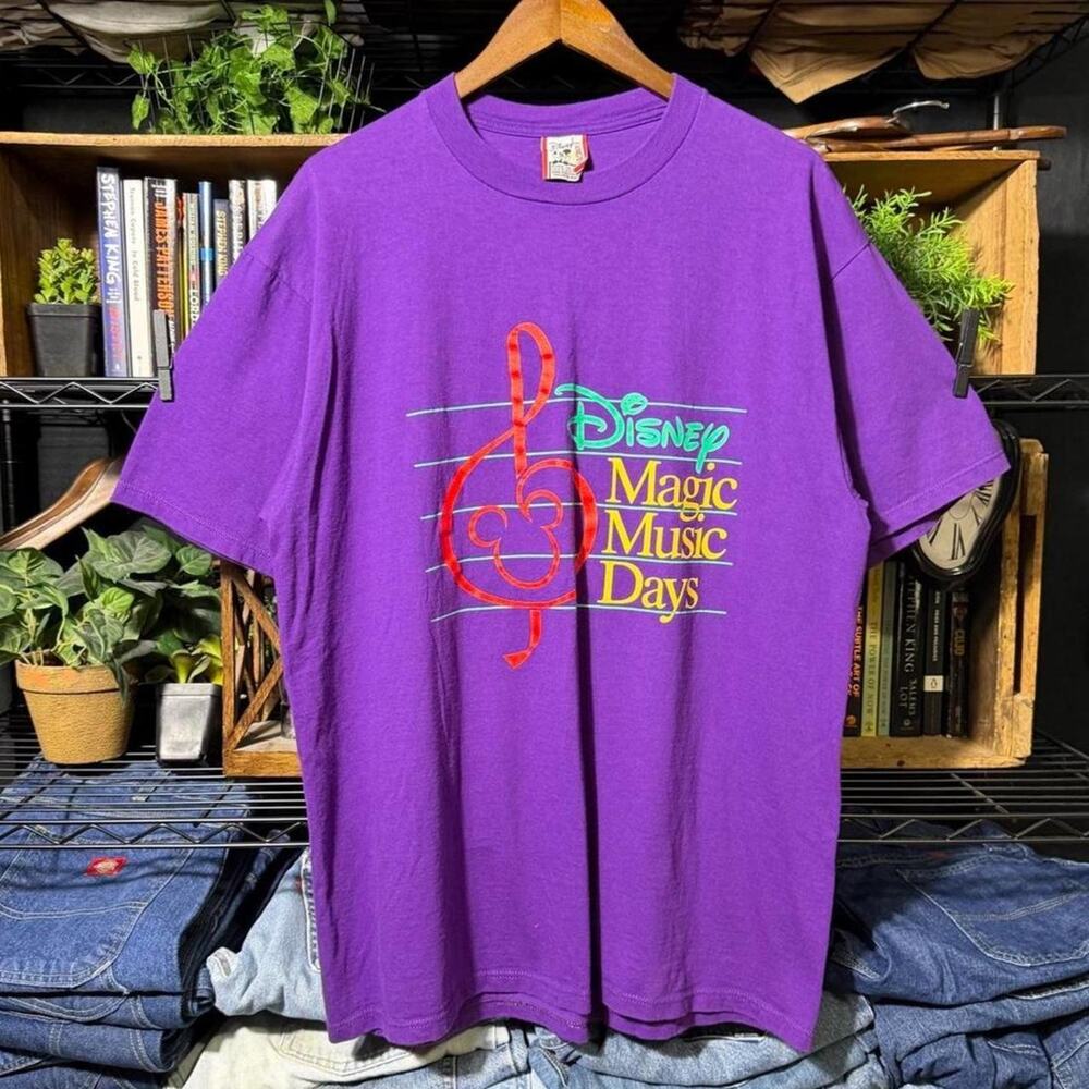 Vintage 90s Disney Magic Music Days Tee Purple Mickey Mouse Cartoon Music Shirt